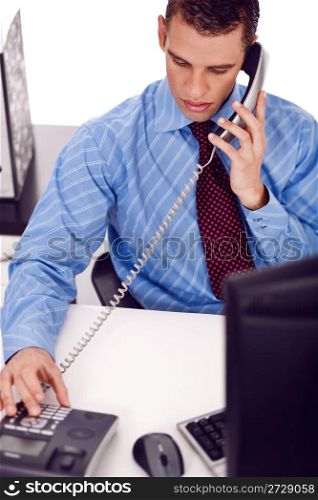 Business man calling customer over isolated white background