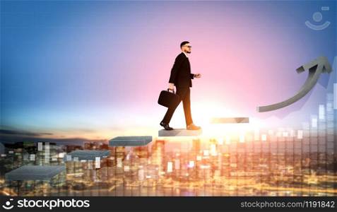 Business man climbing up stair steps to career success with business district and horizon skyline as background. Concept of business goal success, growth of career path and starting up a new business.. Business man climbing up stair steps to success