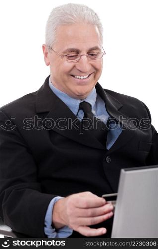 Business man doing internet banking on isolated background