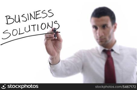 business man draw business solutions and plan b concept with marker on glass isolated on white background in studio