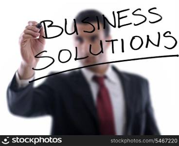 business man draw business solutions and plan b concept with marker on glass isolated on white background in studio