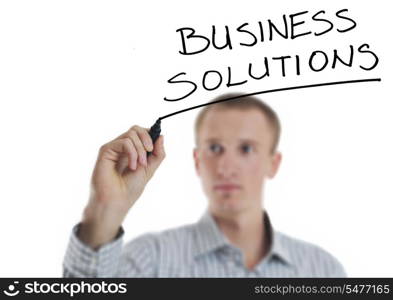 business man draw business solutions and plan b concept with marker on glass isolated on white background in studio