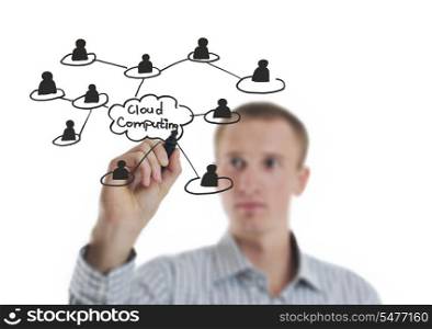 business man draw cloud computing chart on glass isolated over white background in studio