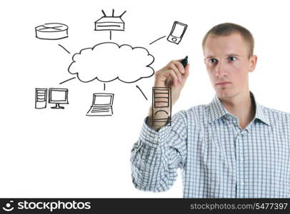 business man draw cloud computing chart on glass isolated over white background in studio