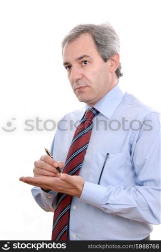 Business man full of thoughts - isolated over a white background