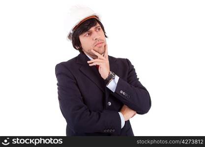 Business man full of thoughts, isolated over white