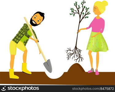 Business man gardener character and blonde girl plant a tree on a flowerbed isolated on a white background, farmer growing, planting, caring for plants on a farm or ranch cartoon flat vector illustrat. Business man gardener character and blonde girl plant a tree on a flowerbed isolated on a white background, farmer growing, planting, caring for plants on a farm or ranch cartoon flat vector illustrat.