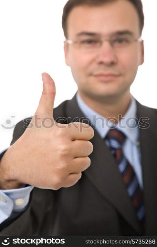 business man going thumb up, focus on the hand