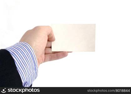Business man hand and card isolated on white