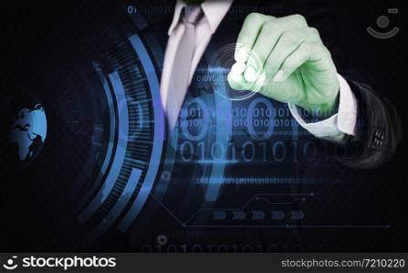 Business man hand pointing abstract technology digital
