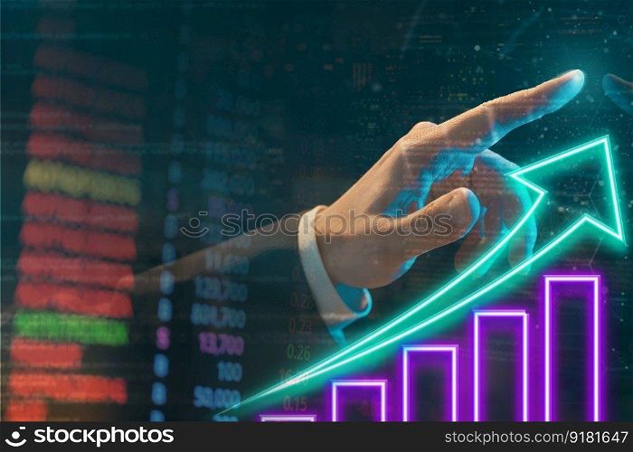 business man hand pointing graph business stock market graph trading analysis investment financial stock exchange graph chart trader stock market analyzing digital technology grow up gain and profits
