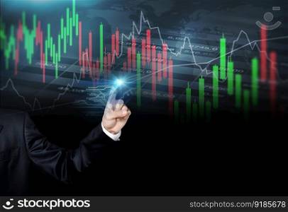 business man hand pointing graph business stock market graph trading analysis investment financial stock exchange graph chart trader stock market analyzing digital technology grow up gain and profits