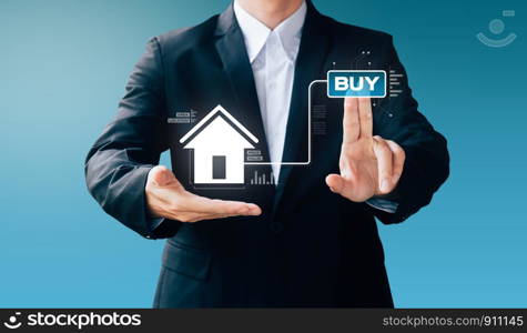 business man hand sign about buy house, Internet online concept