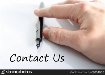 Business man hand writing contact us