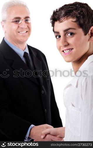 Business man handshake with a young boy on isolated white background