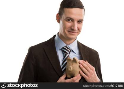 Business man hiding piggybank. Your professional finance and insurance solution for the best protection