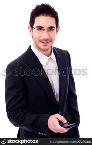 Business man holding a mobile phone on a white isolated background