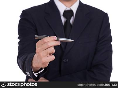 business man holding a pen isolated on white background