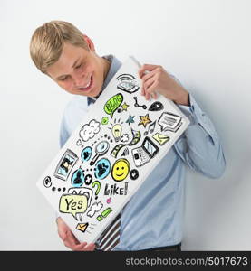 Business man holding a sign with online services symbols