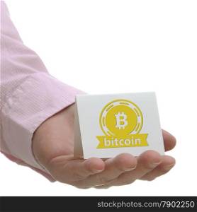 Business man holding bitcoin sign on hand