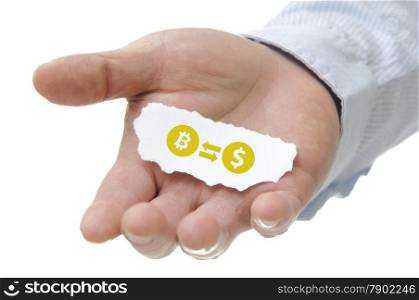 Business man holding bitcoin transfer to money note on hand