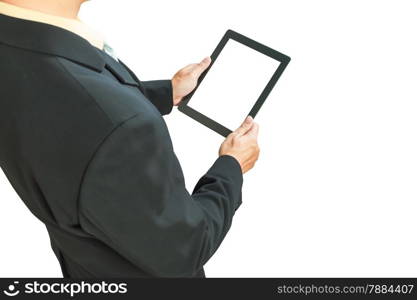 business man holding digital tablet, blank screen on white background