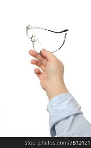 Business man holding eyeglasses with white copyspace