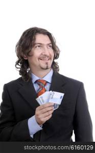 Business man holding money isolated on white