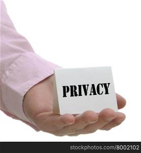 Business man holding privacy sign on hand
