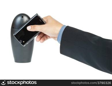 business man holding smartphone as NFC - Near field communication concept