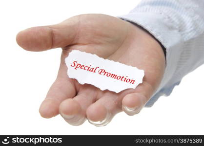 Business man holding special promotion note on hand