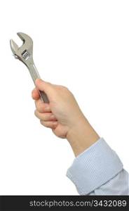 Business man holding wrench in hand