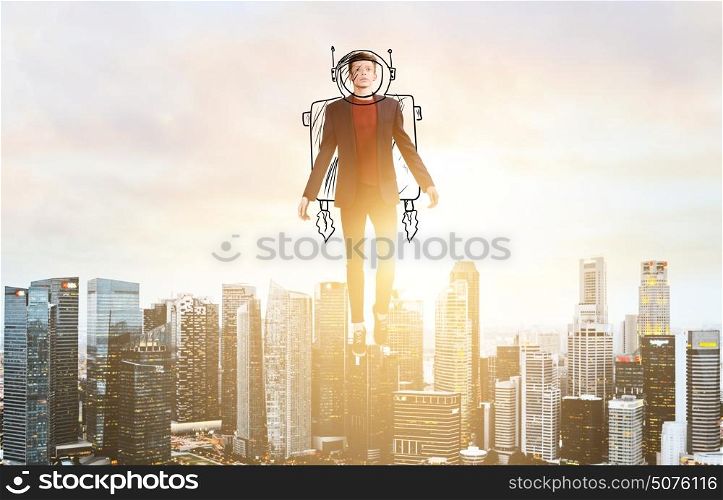 Business man hover over city skyline. Business Advantage. Businessman in sketch astronaut costume hovering over down town on sunset.