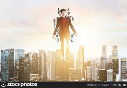 Business man hover over city skyline. Business Advantage. Businessman in sketch astronaut costume hovering over down town on sunset.