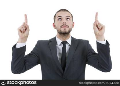 business man in a suit pointing up with his fingers
