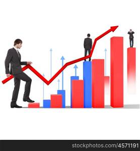 business man in black suit climbing financial charts