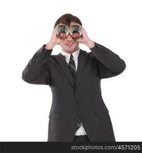 business man in black suit looking through binoculars