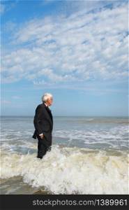 Business man in formal suit satisfied standing in the sea