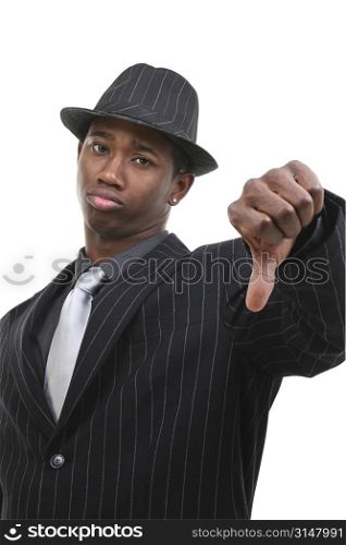 Business Man In Pin Striped Suit & Hat Giving Thumbs Down.
