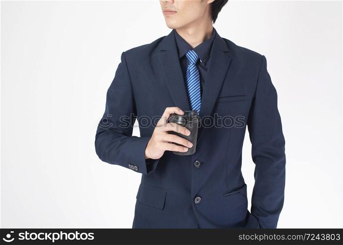 Business man is drinking coffee on white background