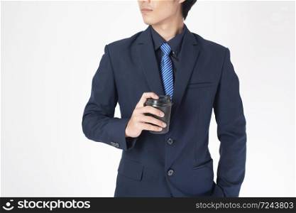 Business man is drinking coffee on white background