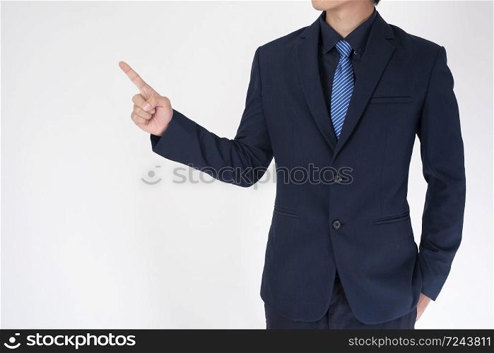 Business man is pointing on white background