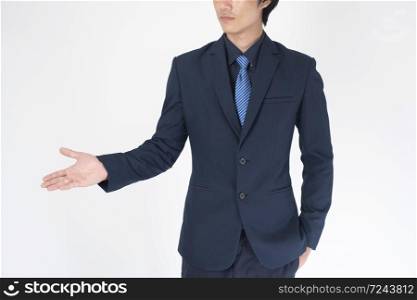 Business man is shaking hand on white background