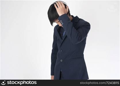 Business man is stress on white background