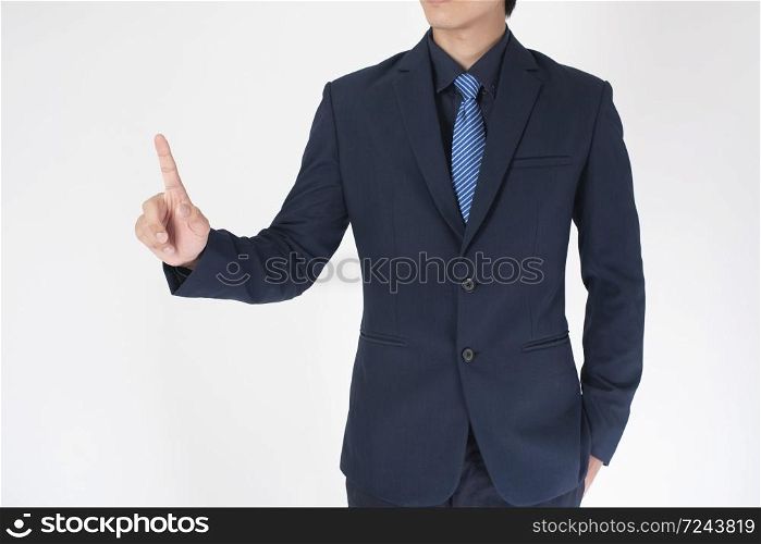 Business man is touching on white background