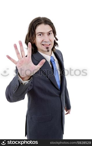 business man making stop with his hand, isolated