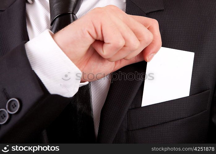 Business man offering card, isolated over white background