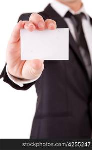 Business man offering card, isolated over white background