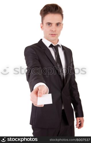 Business man offering card - selective focus on card