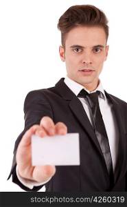 Business man offering card, selective focus on face